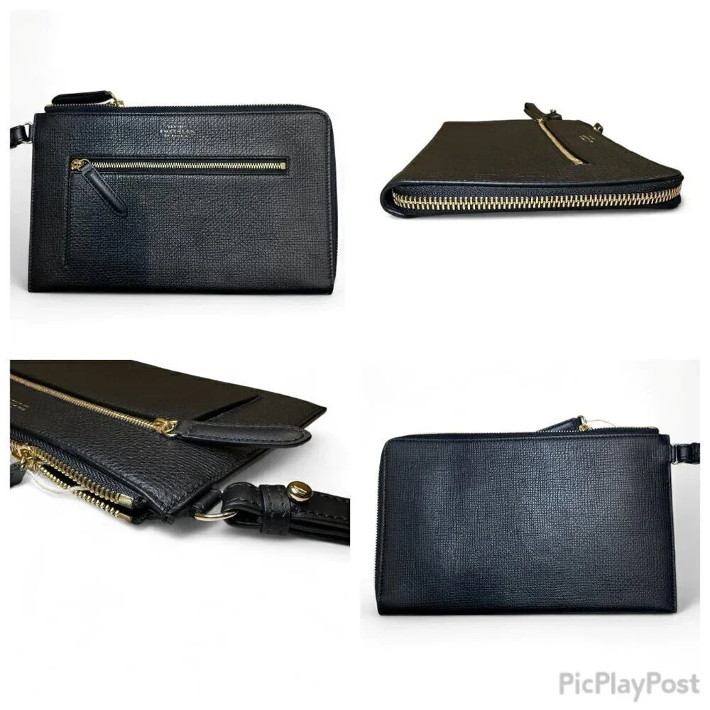 Smythson Men's Black Leather Panama Pochette Pouch, Wristlet - NWOT
